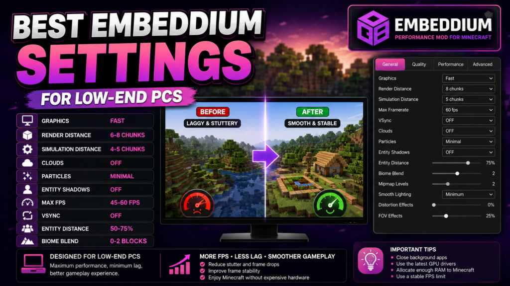 Best Embeddium settings for low-end PCs