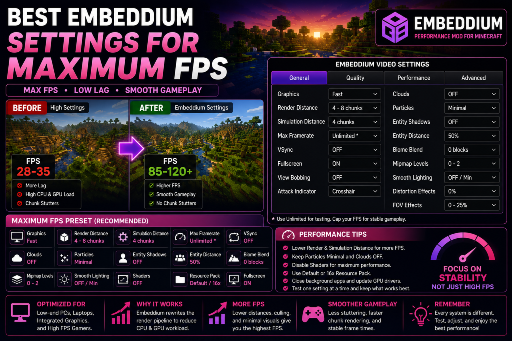 Best Embeddium settings for maximum FPS