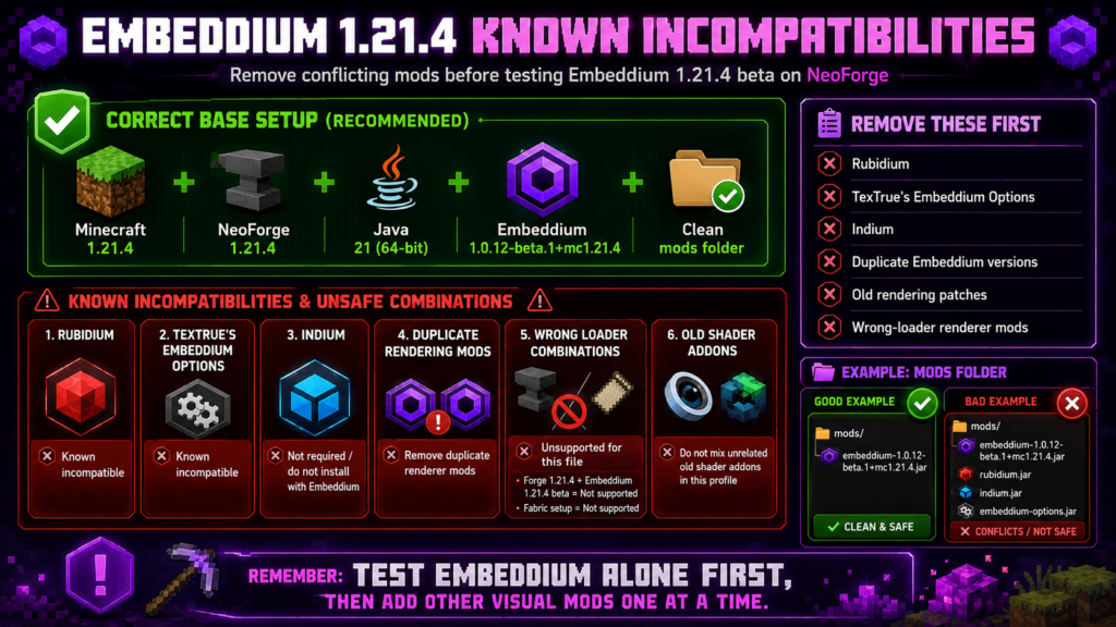 Known incompatible mods for Embeddium 1.21.4