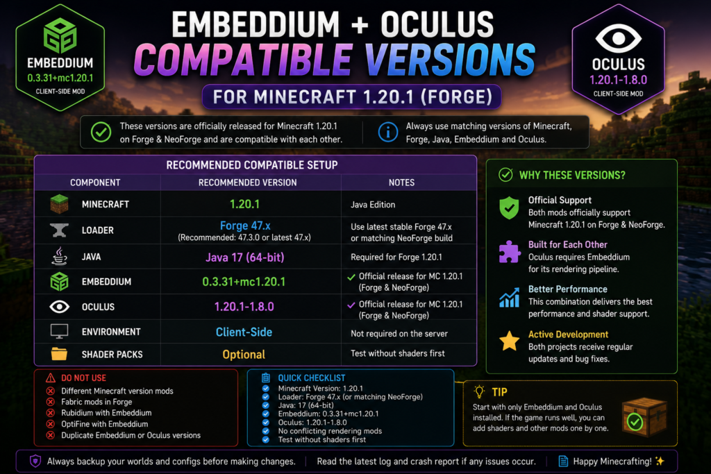 Compatible Embeddium and Oculus versions for Minecraft 1.20.1
