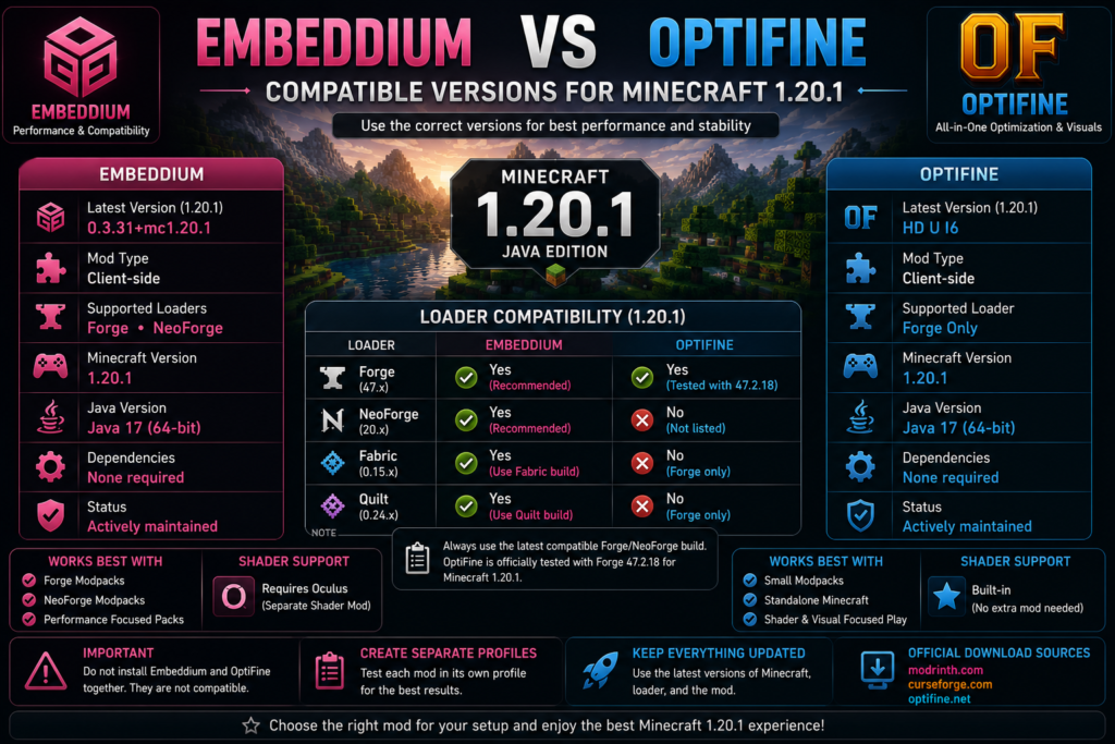Compatible Embeddium and OptiFine versions for Minecraft 1.20.1