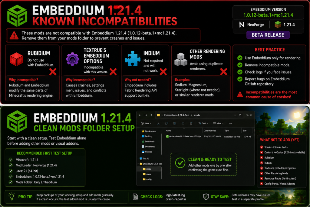 Embeddium 1.21.4 beta inside a clean NeoForge mods folder