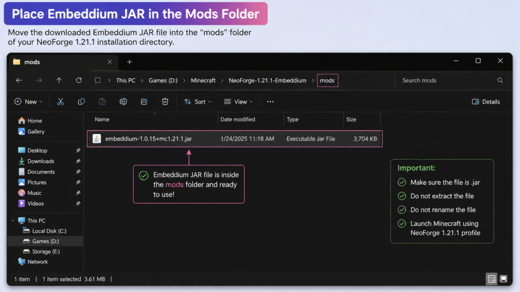 Embeddium JAR file inside the NeoForge mods folder