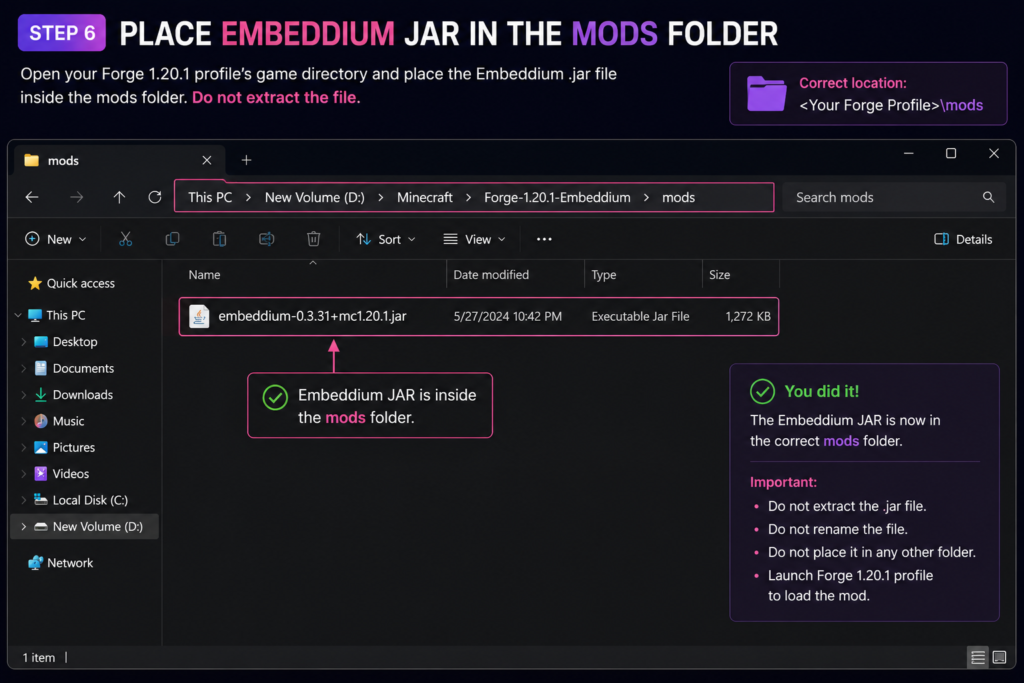 Embeddium JAR inside the Forge 1.20.1 mods folder