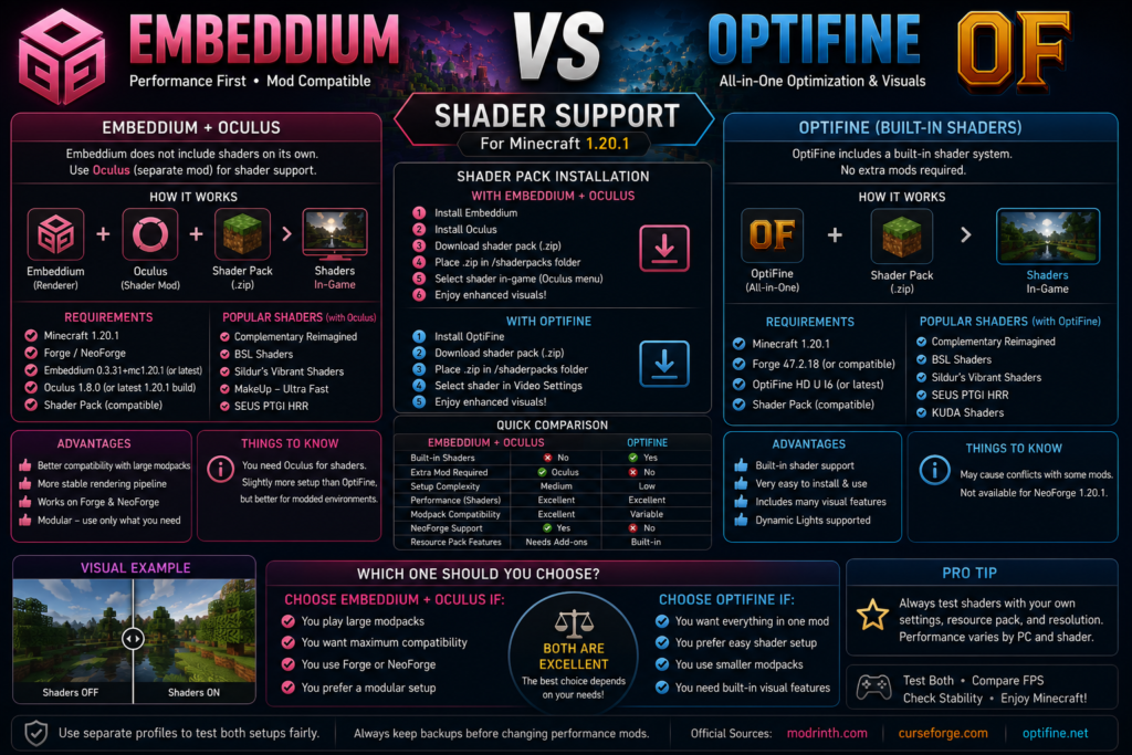 Embeddium Oculus and OptiFine shader support comparison