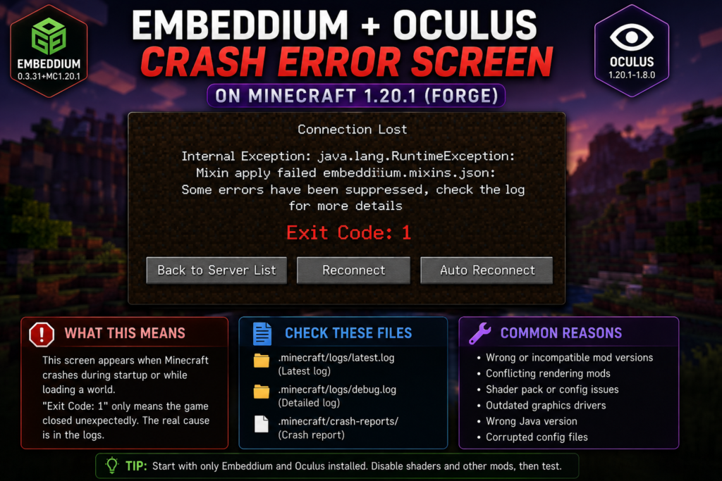 Embeddium and Oculus crash error on Minecraft 1.20.1