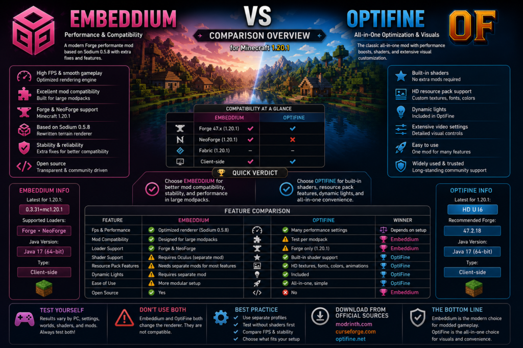Embeddium and OptiFine Minecraft 1.20.1 comparison overview