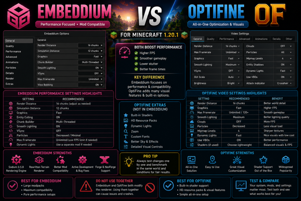 Embeddium and OptiFine performance settings comparison
