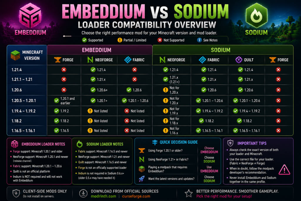 Embeddium and Sodium Forge Fabric NeoForge loader compatibility
