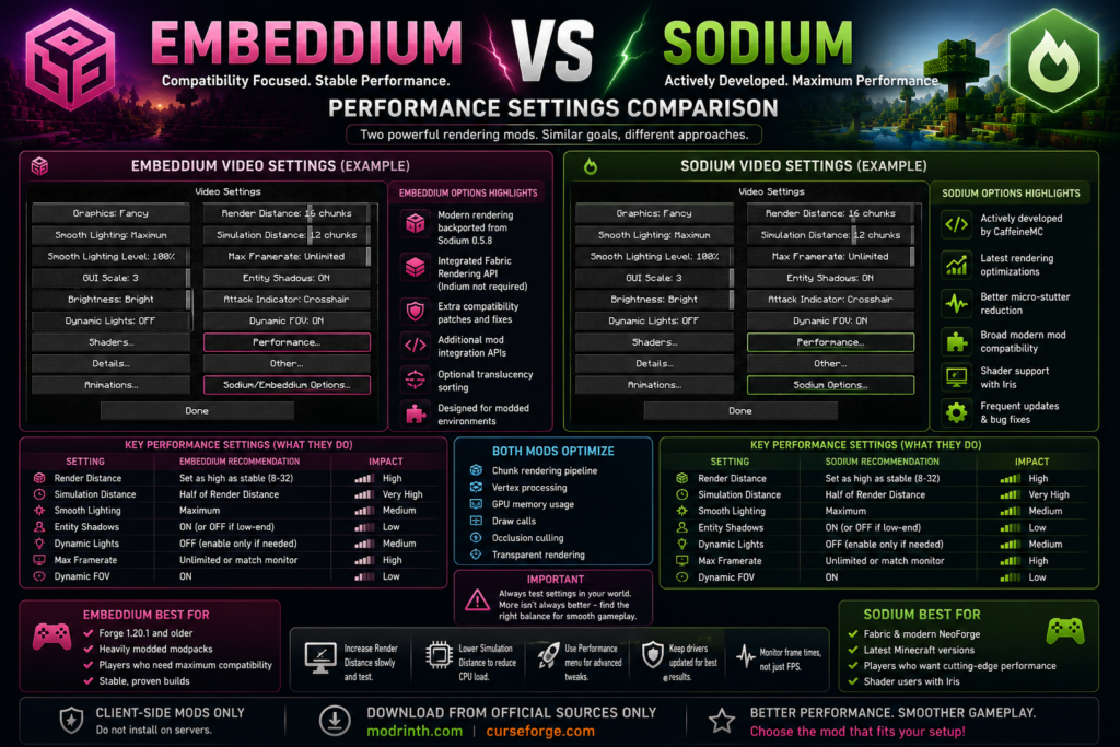 Embeddium and Sodium Minecraft video settings comparison
