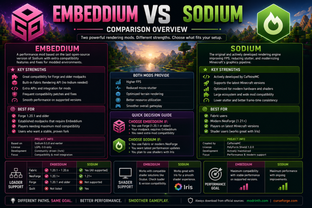 Embeddium and Sodium performance mod comparison overview