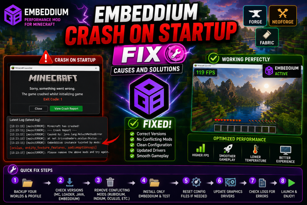 Embeddium crash on startup causes and fixes