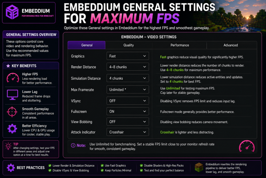 Embeddium general settings configured for maximum FPS