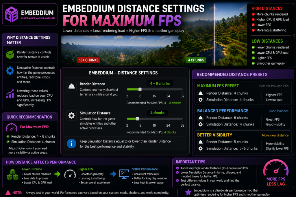 Embeddium render and simulation distance for maximum FPS