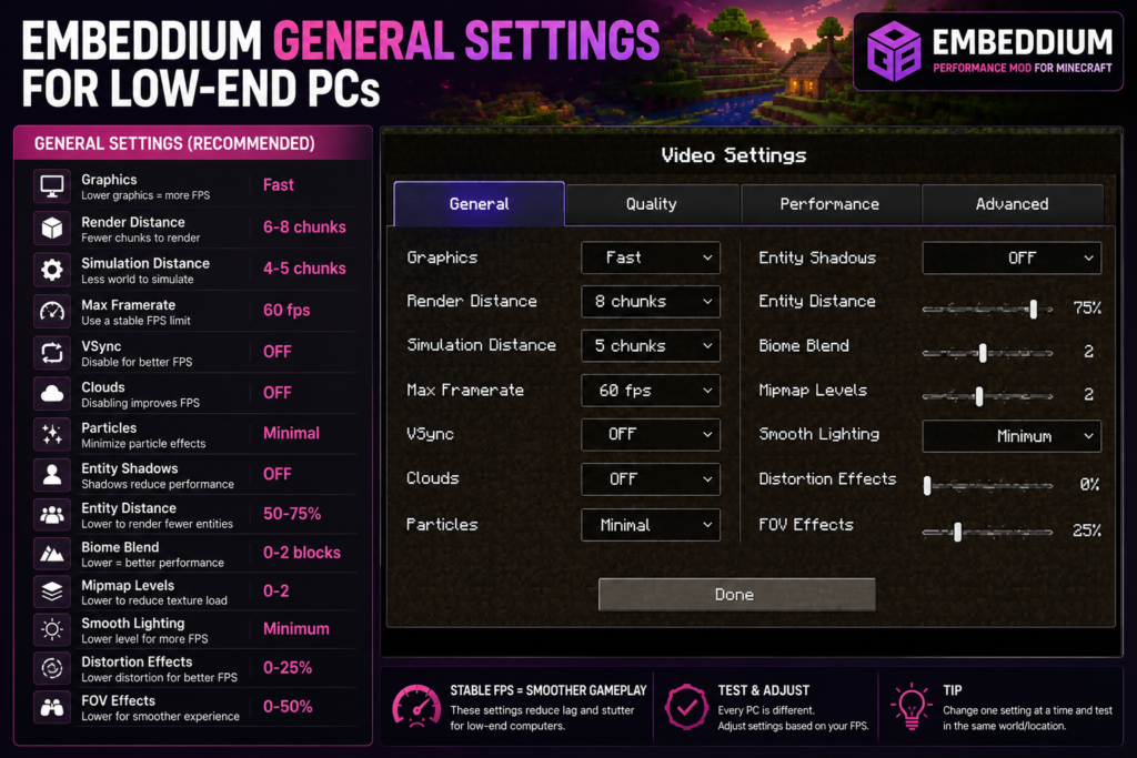 Embeddium general settings for a low-end PC