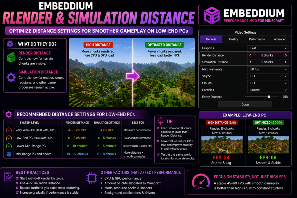 Embeddium render and simulation distance settings