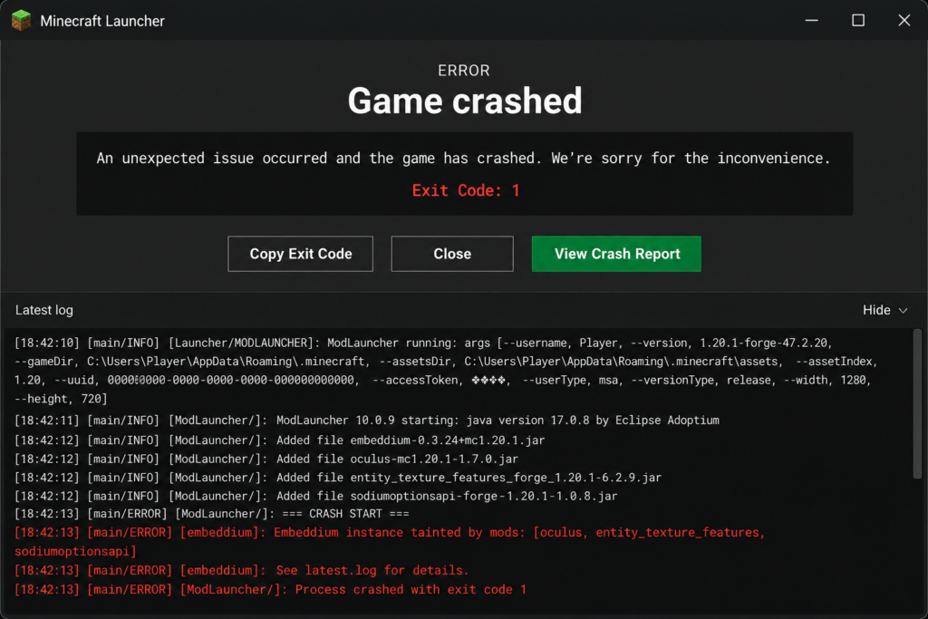 Embeddium startup crash shown in Minecraft Launcher