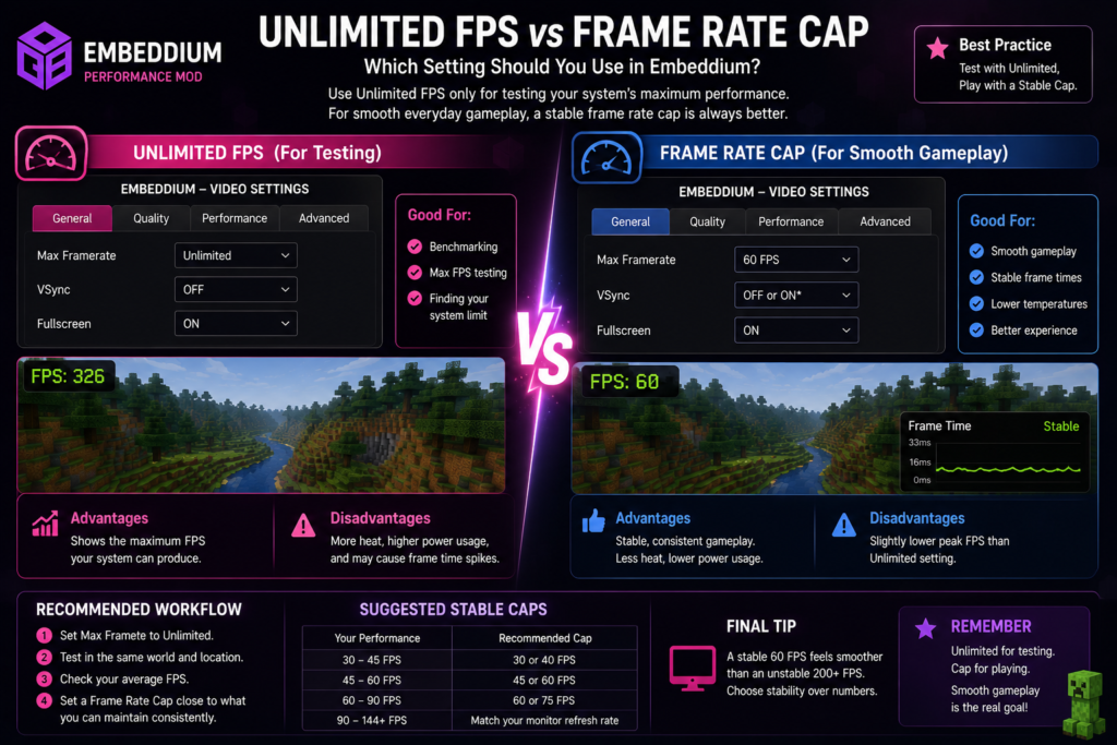 Embeddium unlimited FPS compared with a stable frame-rate cap