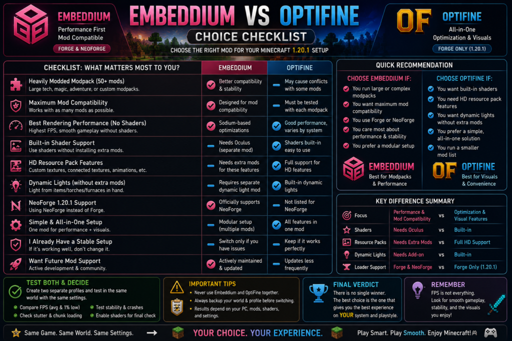 Embeddium versus OptiFine final choice checklist