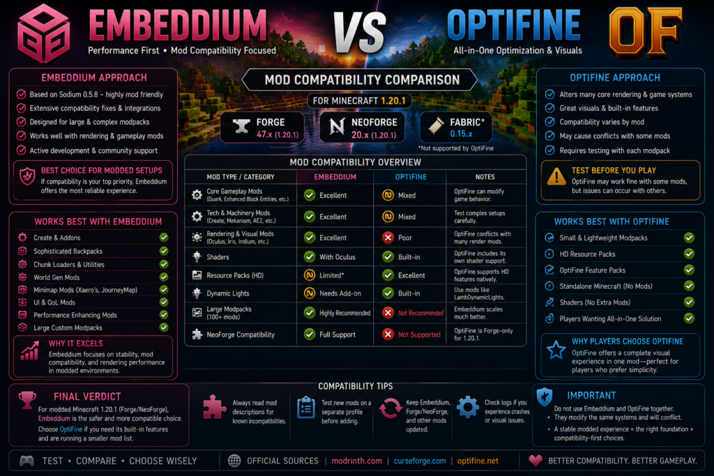 Embeddium versus OptiFine mod compatibility on Forge 1.20.1