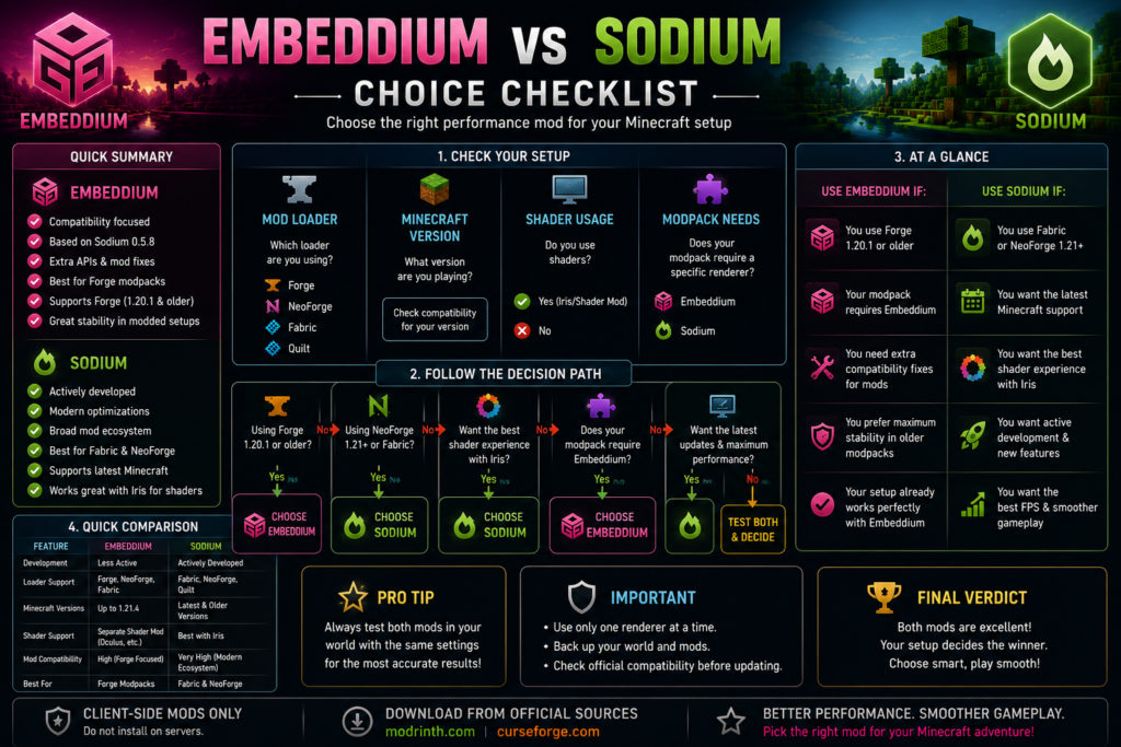 Embeddium versus Sodium final selection checklist