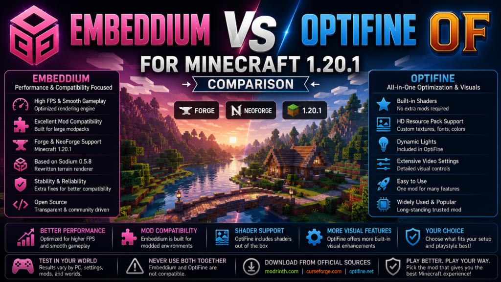 Embeddium vs OptiFine for Minecraft 1.20.1 comparison