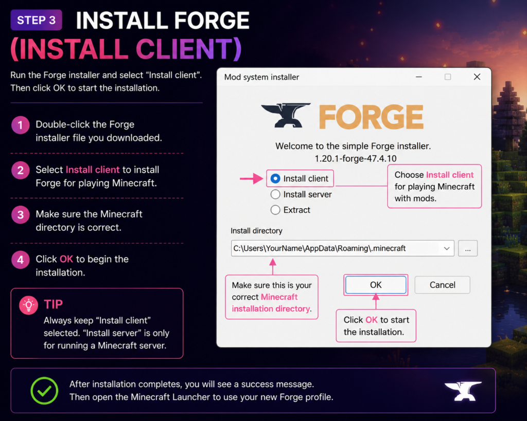 Forge installer with Install client selected