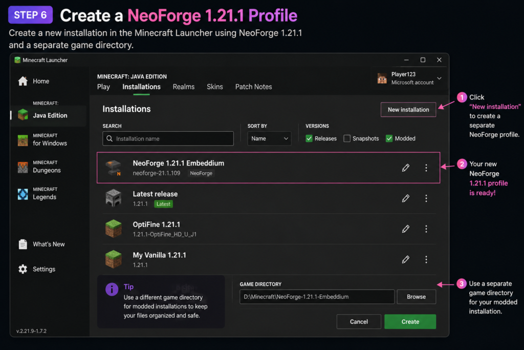 NeoForge 1.21.1 profile in Minecraft Launcher