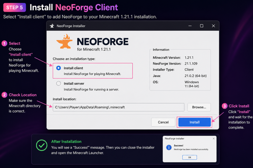 NeoForge installer with Install client selected