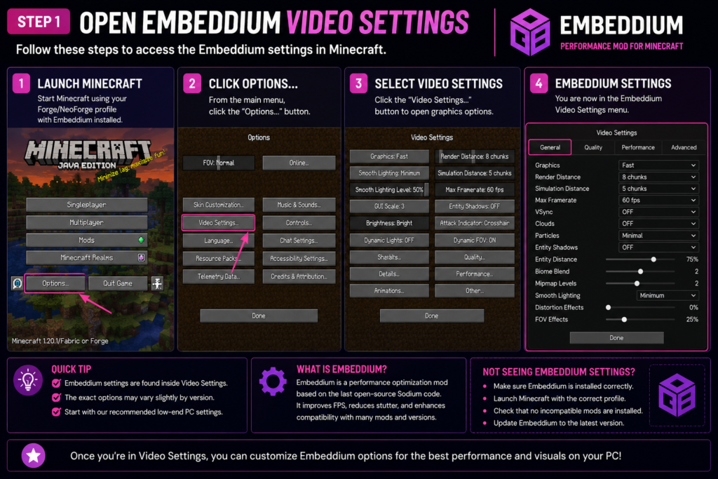 Opening Embeddium Video Settings in Minecraft