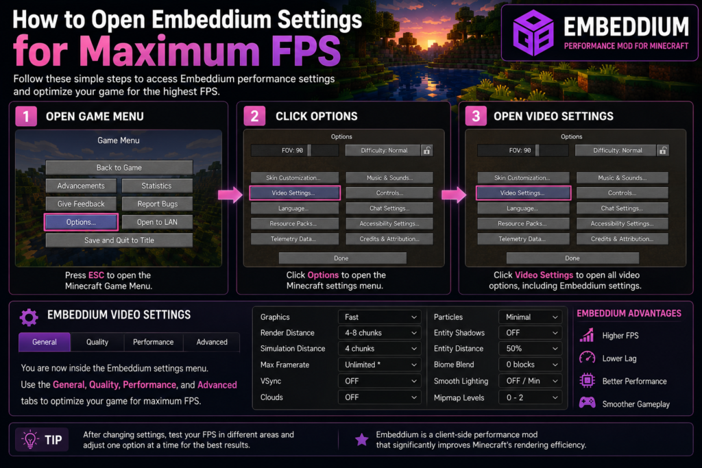 Opening Embeddium settings for maximum FPS