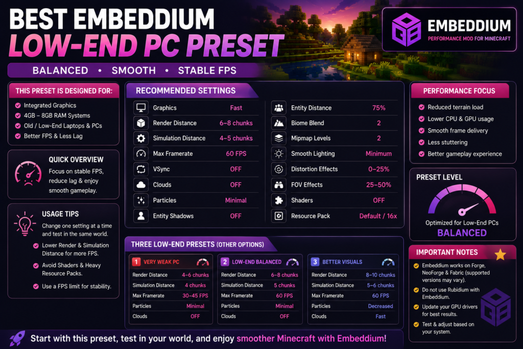 Recommended Embeddium low-end PC settings preset