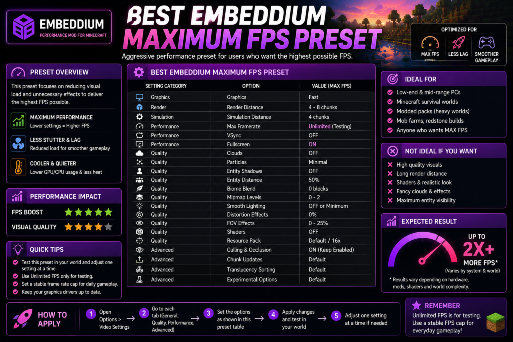 Recommended Embeddium maximum FPS preset