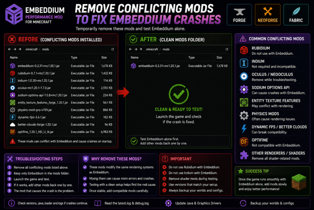 Removing rendering mods that may conflict with Embeddium