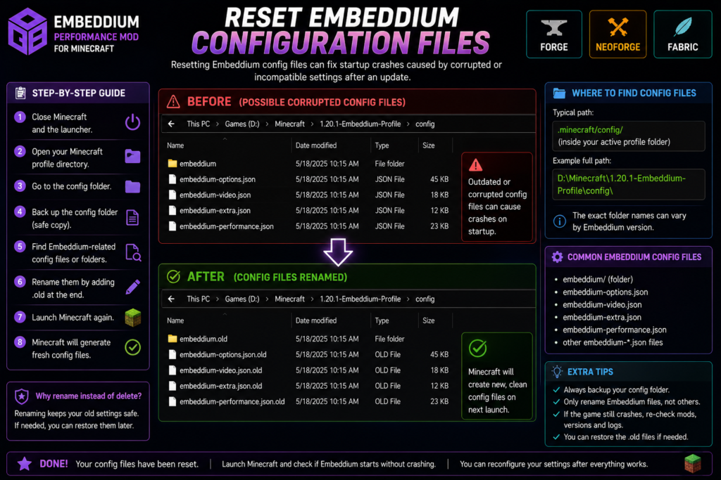 Resetting Embeddium configuration files safely