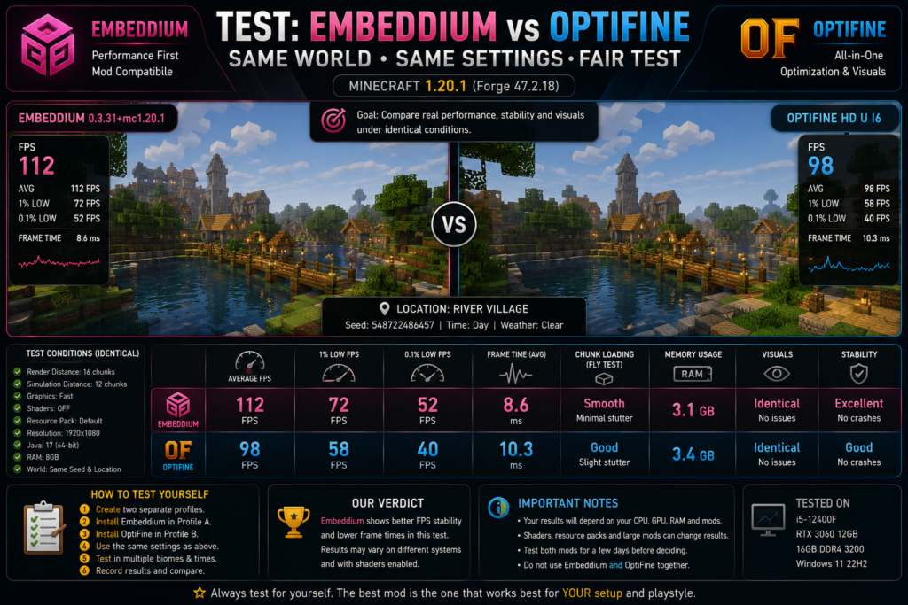Testing Embeddium and OptiFine in the same Minecraft 1.20.1 world