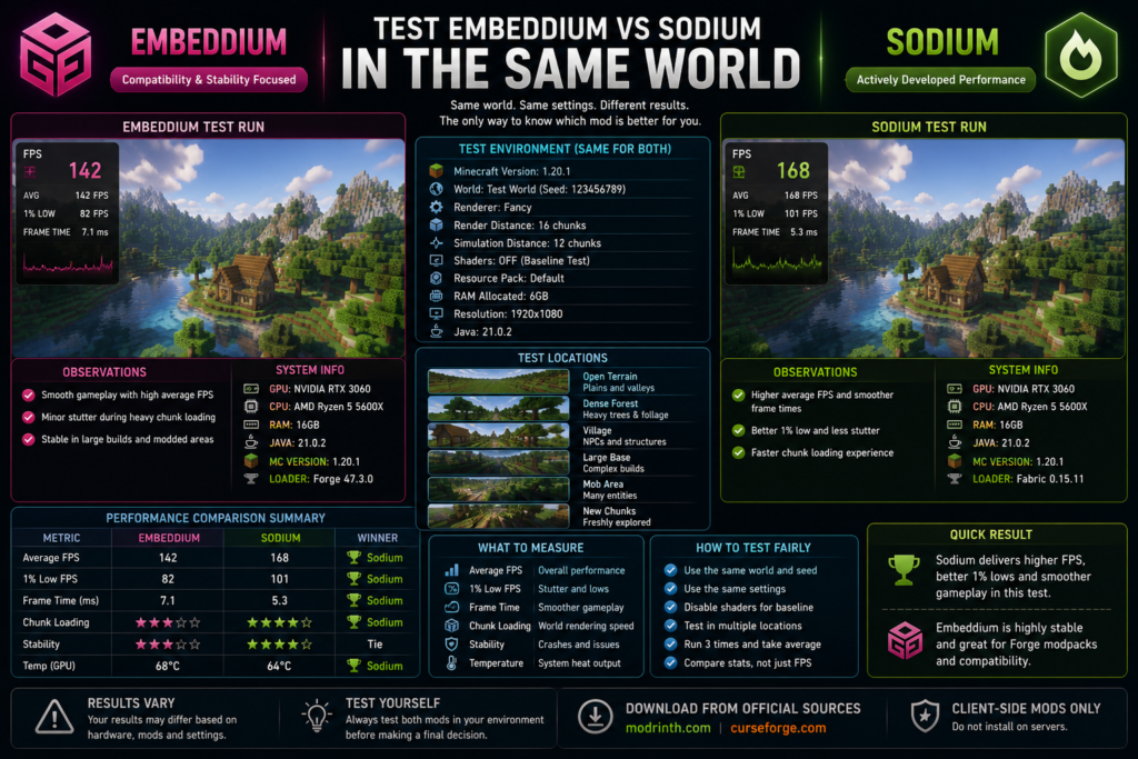 Testing Embeddium and Sodium performance in the same Minecraft world