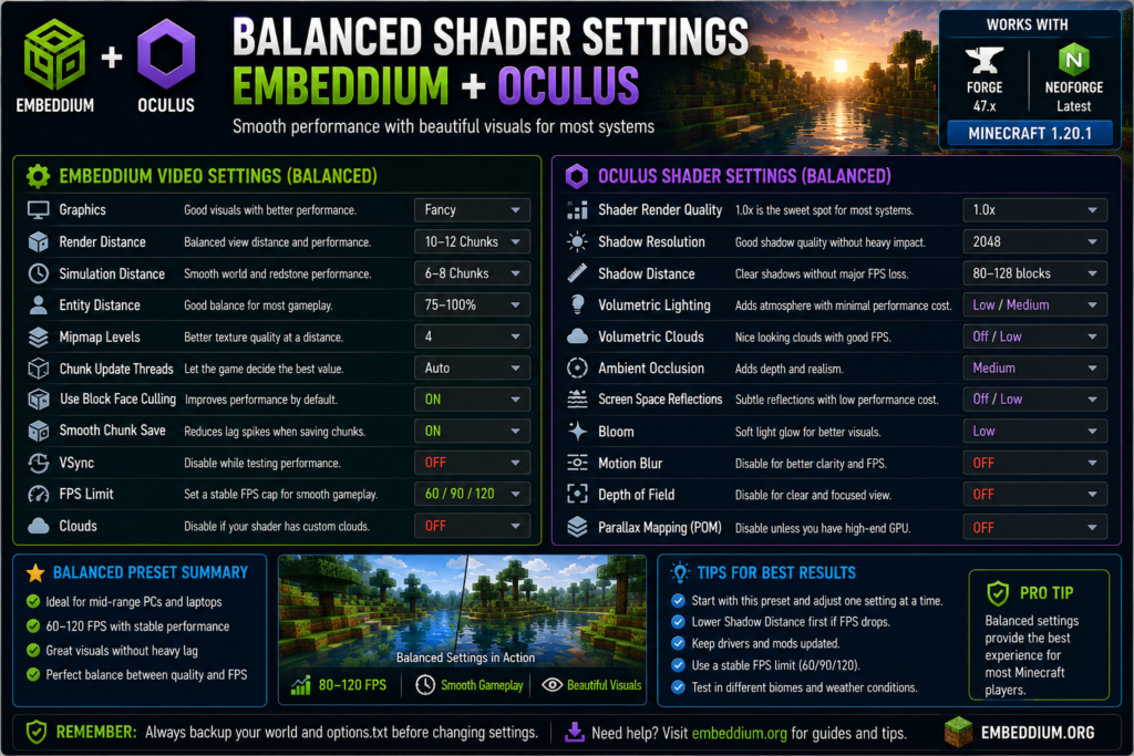 Balanced Embeddium and Oculus settings for smooth Minecraft shaders

