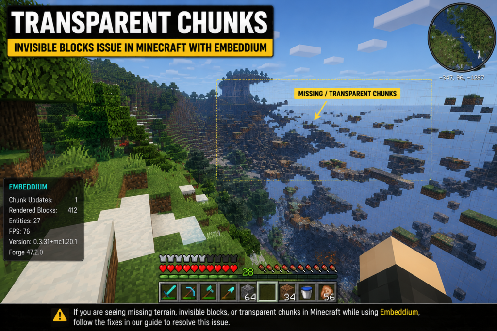 Transparent chunks and invisible terrain glitch in Minecraft with Embeddium