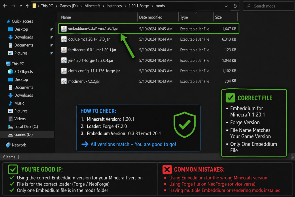 Checking the correct Embeddium file version in the Minecraft mods folder