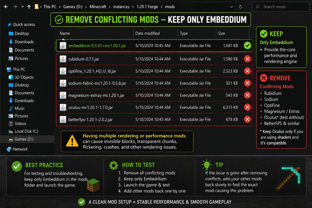 Minecraft mods folder showing conflicting rendering mods removed from Embeddium