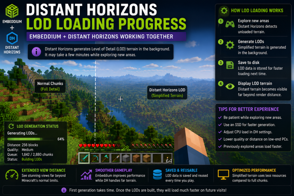 Distant Horizons LOD terrain loading with Embeddium