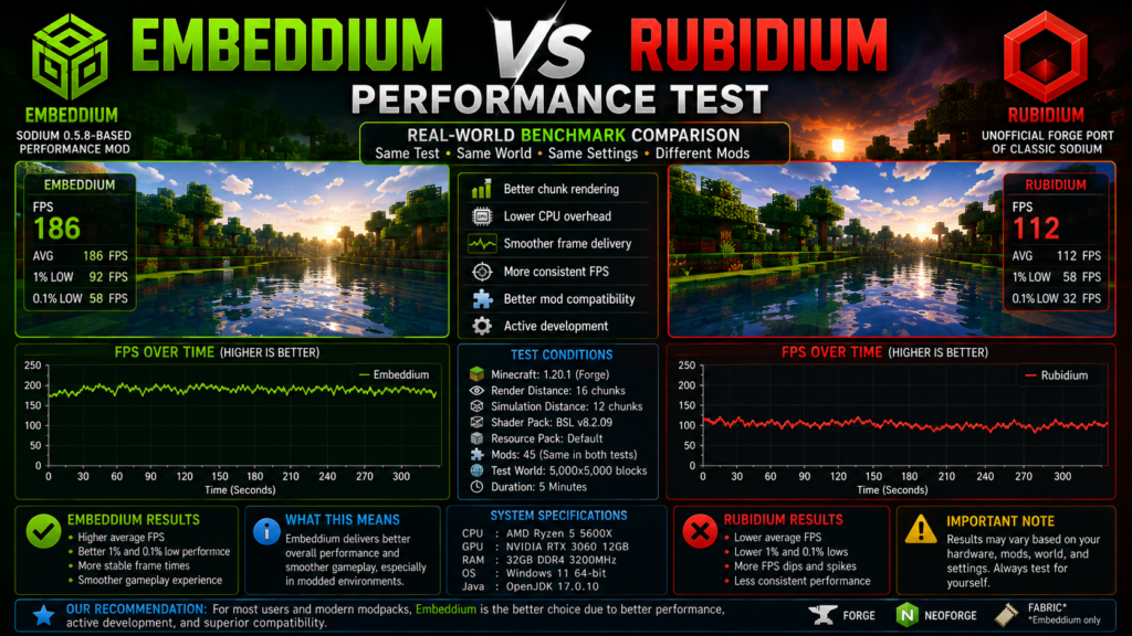 Embeddium and Rubidium FPS and frame-time comparison in Minecraft