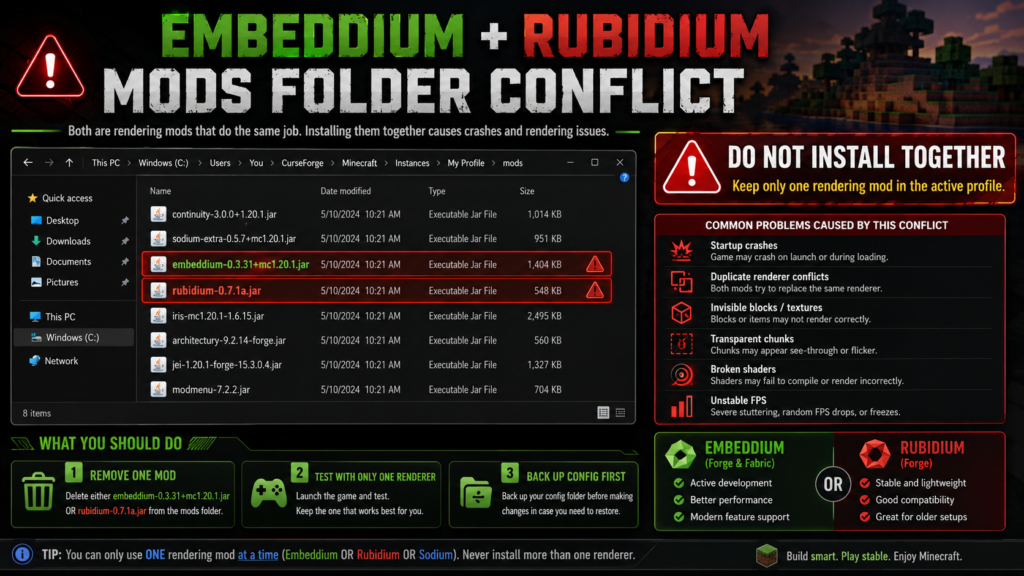 Embeddium and Rubidium conflict in the Minecraft mods folder