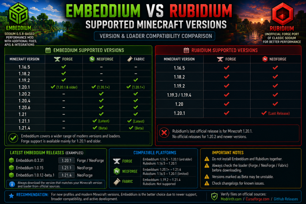 Embeddium and Rubidium supported Minecraft versions comparison