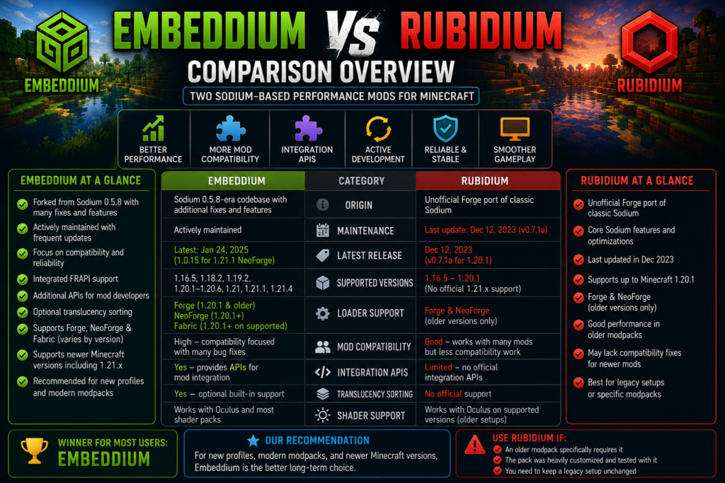 Embeddium vs Rubidium Minecraft performance mod comparison