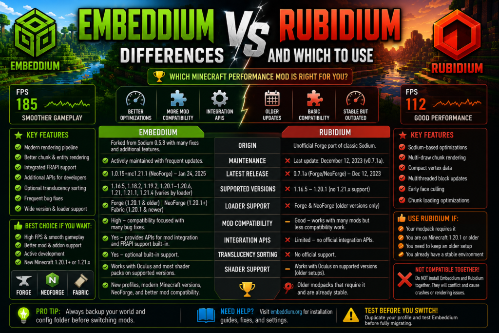 Embeddium vs Rubidium differences and which Minecraft performance mod to use