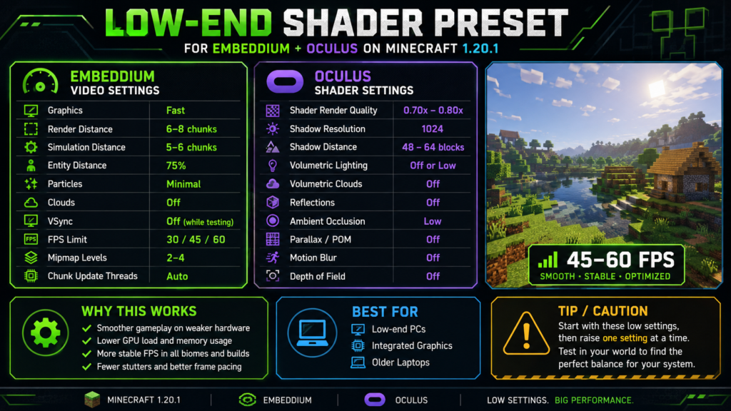  Low-end Embeddium and Oculus settings for Minecraft shaders