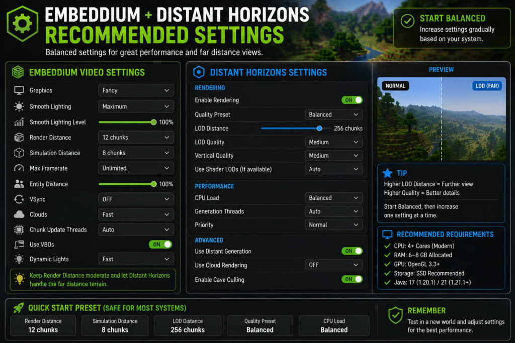 Recommended Embeddium and Distant Horizons settings for Minecraft