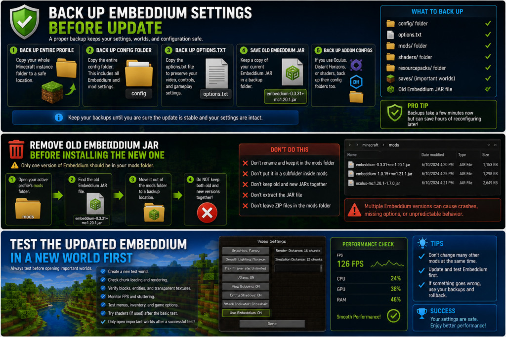 Testing an updated Embeddium installation in a new Minecraft world